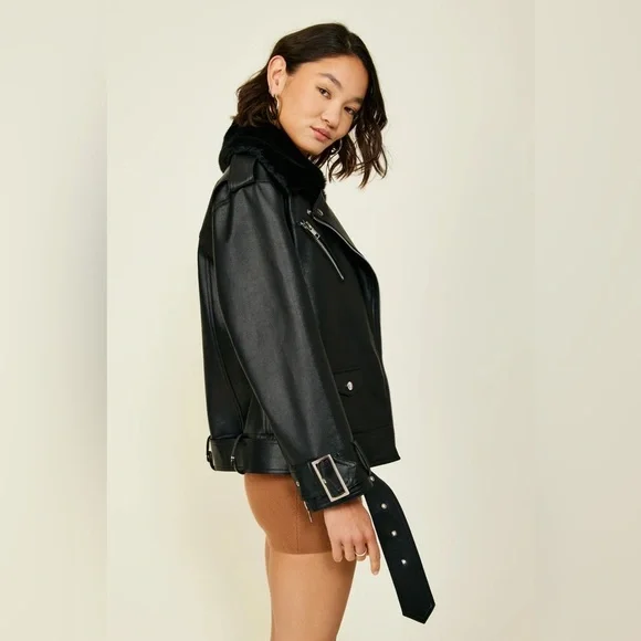 NWT Line & Dot Black Leather Jacket with Faux Fur Collar - Picture 4 of 5